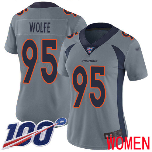 Women Denver Broncos #95 Derek Wolfe Limited Silver Inverted Legend 100th Season Football NFL Jersey
